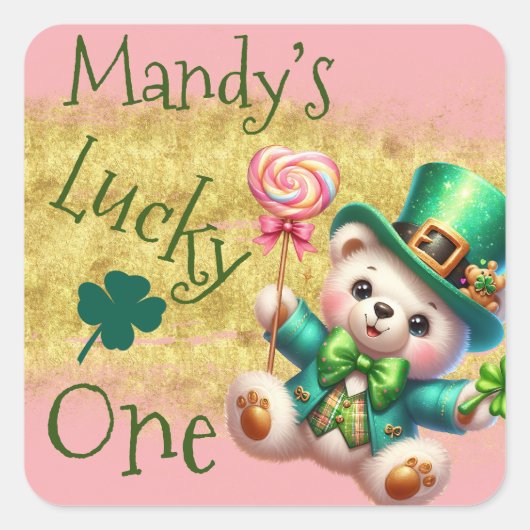 Sticker Carré Saint Patrick’s Day Bear rose Anniversaire Lucky O (Devant)