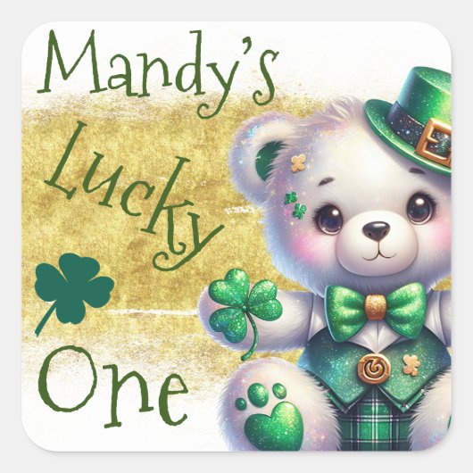 Sticker Carré Saint Patrick’s Day Ours vert Anniversaire Lucky O (Devant)