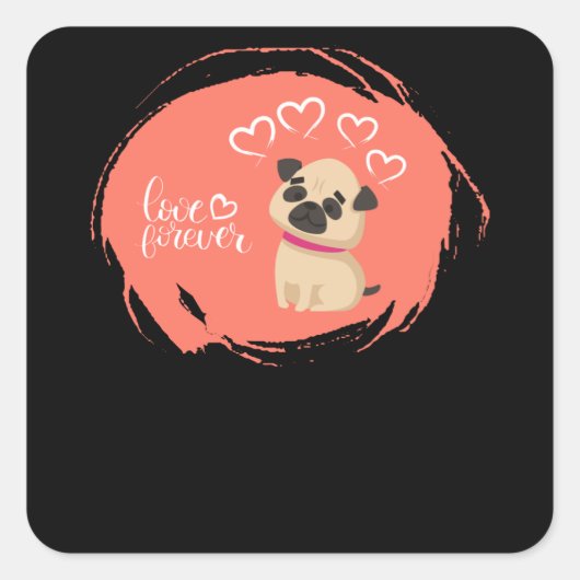 Sticker Carré Saint Valentin avec un mignon chien Carlin (Devant)