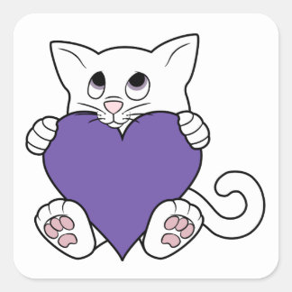 Sticker Carré Saint Valentin Chat blanc avec coeur pourpre