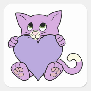 Sticker Carré Saint-Valentin Chat pourpre avec coeur violet clai