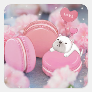 Sticker Carré Saint-Valentin : Chien de taureau, Macarons et Fle