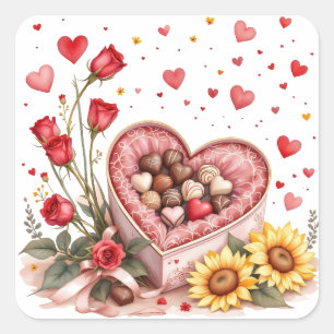 Sticker Carré Saint Valentin Coeurs, Roses et chocolats