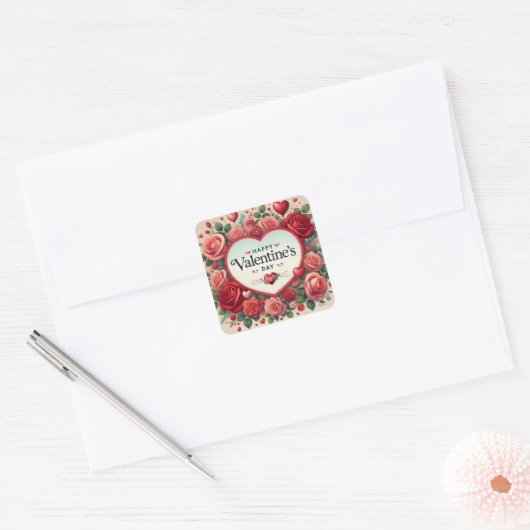Sticker Carré Saint Valentin Design avec Roses et Coeurs (Enveloppe)