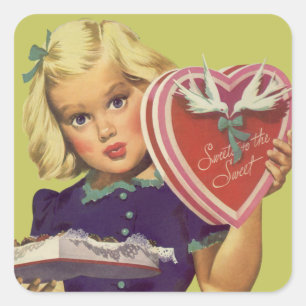Sticker Carré Saint-Valentin Mignon Vintage, Fille avec Chocolat
