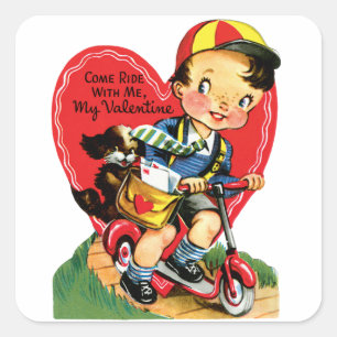 Sticker Carré Saint-Valentin Rétro, Garçon Vintage sur un Scoote