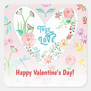 Sticker Carré Saint Valentin Véritable Amour Coeurs et Fleurs