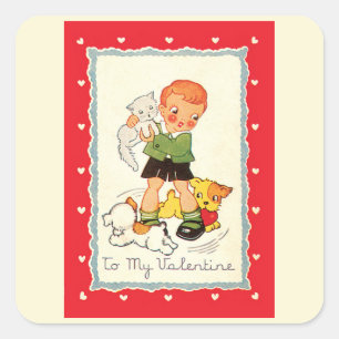 Sticker Carré Saint-Valentin victorien vintage avec garçon, chat