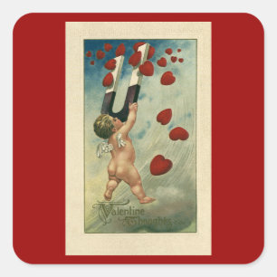 Sticker Carré Saint-Valentin vintage, chérubin avec des cœurs ai