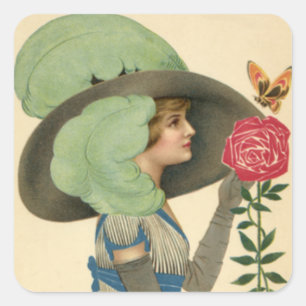 Sticker Carré Saint-Valentin vintage, Dame Papillon Rose Rouge