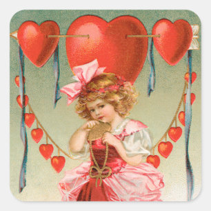 Sticker Carré Saint-Valentin vintage, fille victorienne avec des