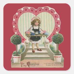Sticker Carré Saint Valentin vintage mignon, Fille aux fleurs