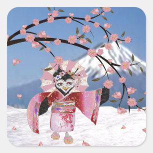 Sticker Carré Sakura Geisha Oiseau dans les Cerisiers en Fleur s