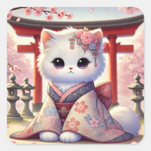 Sticker Carré Sakura Kimono Chat au Japon