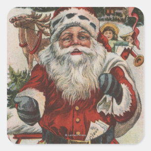 Sticker Carré Salutation de NoëlPère Noël avec Cerfs et Enfants