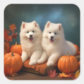 Sticker Carré Samoyed Chiot Automne Citrouille de plaisir (Devant)