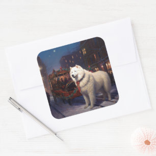 Sticker Carré Samoyed Christmas Festive Saison
