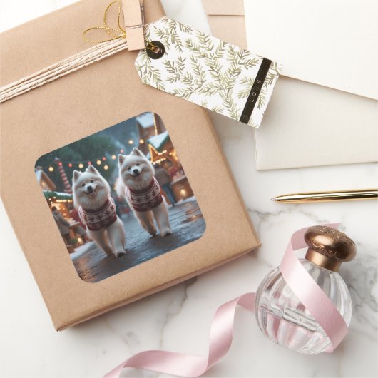 Sticker Carré Samoyed Dogs Christmas Snow Holiday (Cadeaux)