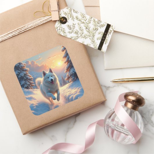 Sticker Carré Samoyed Snowy Mountain Adventure Christmas (Cadeaux)