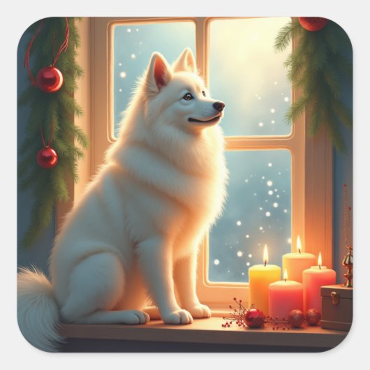 Sticker Carré Samoyed Under the Mistletoe Christmas Painting (Devant)