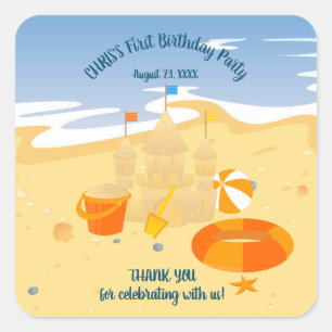 Sticker Carré Sand château plage amusant bébé garçon fête d'anni