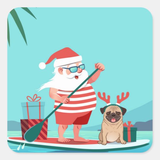 Sticker Carré Santa Claus and His Pug on a surfboard (Devant)