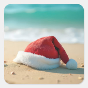 Sticker Carré Santa Claus Casquette sur une plage tropicale
