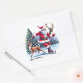 Sticker Carré Santa Claus Enjoys Ice Skating With a Reindeer (Enveloppe)