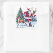 Sticker Carré Santa Claus Enjoys Ice Skating With a Reindeer (Sac)