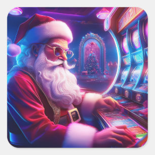 Sticker Carré Santa Claus Joue Les Fentes Au Casino