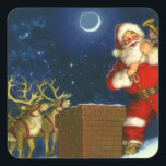 Sticker Carré Santa Claus on the roof<br><div class="desc">santa clclaus christmas senior,  painting funny illustrtoon,  red xmas beard happy ,  snow old merry home,  house night man,  sky chimney present,  winter holiday roof ,  christmas santa claus senior</div>
