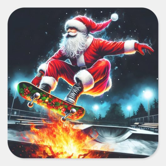 Sticker Carré Santa Claus Skateboarding in a Winter Skate Park (Devant)