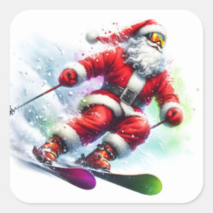 Sticker Carré Santa Claus Ski Down a Snowy Mountain Trail