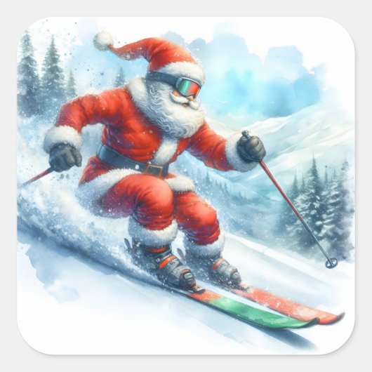 Sticker Carré Santa Claus Ski Down Snowy Mountains en hiver (Devant)