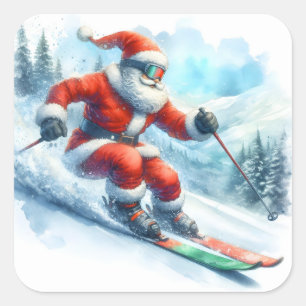 Sticker Carré Santa Claus Ski Down Snowy Mountains en hiver