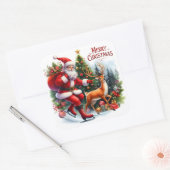 Sticker Carré Santa Ice Skating With a Reindeer (Enveloppe)