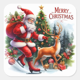 Sticker Carré Santa Ice Skating With a Reindeer