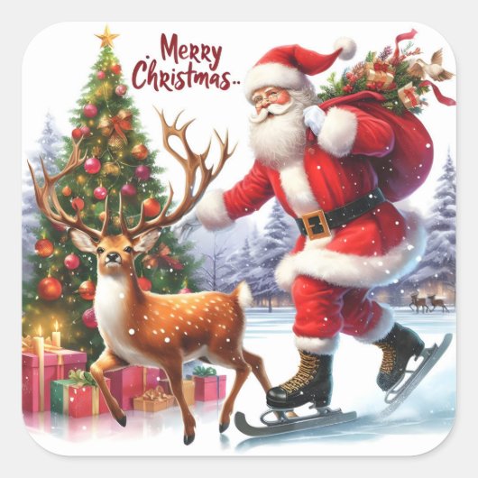Sticker Carré Santa Skates With Reindeer by Tree (Devant)