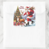 Sticker Carré Santa Skates With Reindeer by Tree (Sac)