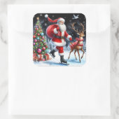 Sticker Carré Santa Skating With a Reindeer by Tree (Sac)