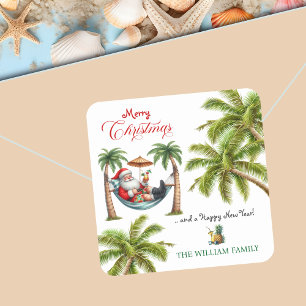 Sticker Carré Santa sur une île tropicale Noël