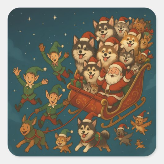 Sticker Carré Santa with joyous pups and elves! (Devant)
