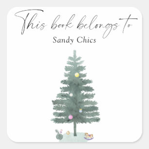 Sticker Carré sapin de Noël - ce livre appartient à
