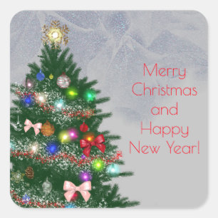 Sticker Carré Sapin de Noël décoré de manière colorée et décontr