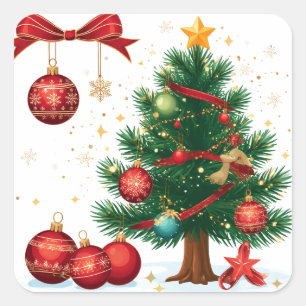 Sticker Carré Sapin de Noël Décoré d'Ornements Rouges
