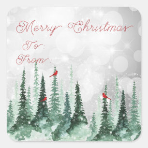 Sticker Carré Sapin de Noël Forêt Cardinal Rouge Oiseaux