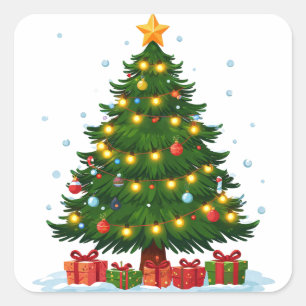Sticker Carré Sapin de Noël lumineux avec des cadeaux rouges en
