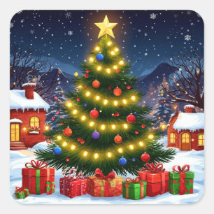 Sticker Carré Sapin de Noël lumineux dans un village enneigé la