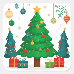 Sticker Carré Sapin de Noël traditionnel avec ornements colorés