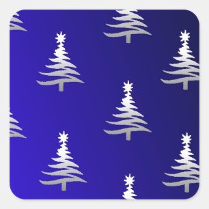 Sticker Carré Sapins de Noël Argent sur Bleu Cobalt